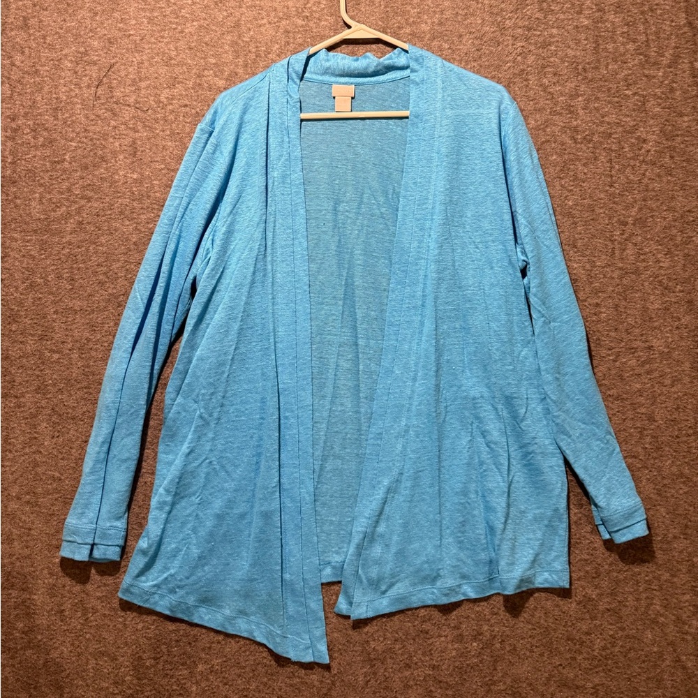 Chicos Linen Top Cardigan Womens 2 (US Large) blue turquoise knit soft light NWT